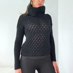 Alice + Olivia Black Open Knit Chunky Turtleneck Sweater